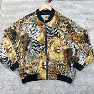 Atlantic Beach Vintage Silk Safari Animal Print Bomber Jacket Lion Zebra Large